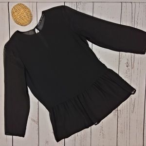 Zara Basic Black Sheer 3/4 Sleeve Ruffle Blouse S